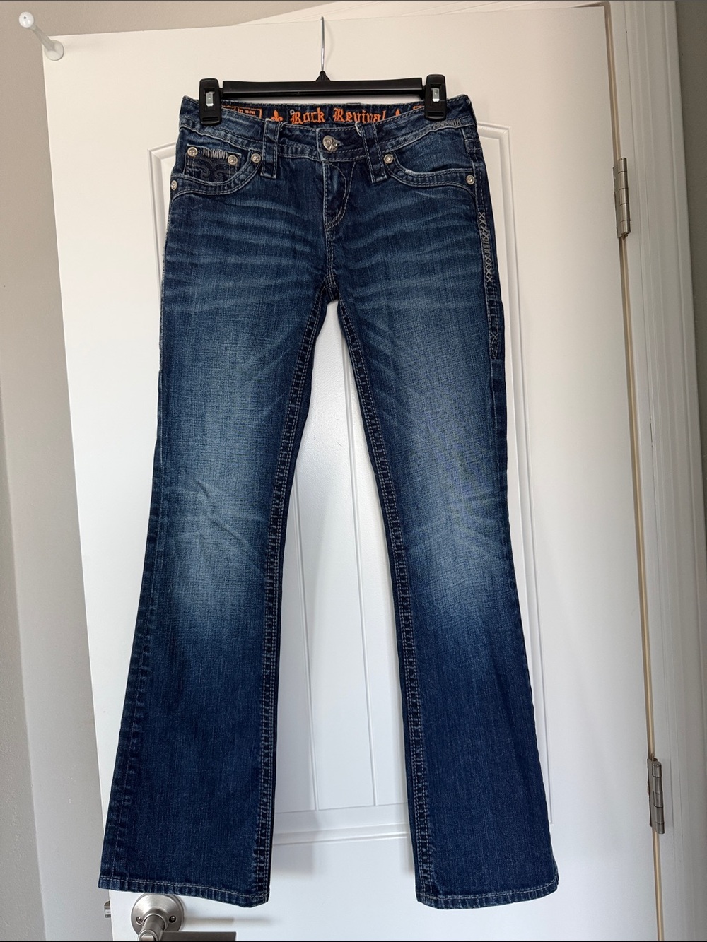 Rock Revival Dark Blue Flared Jeans with Contrast Stitching